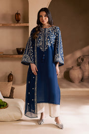 Blue Pashmina 3Pc - Embroidered Khaddar Dress