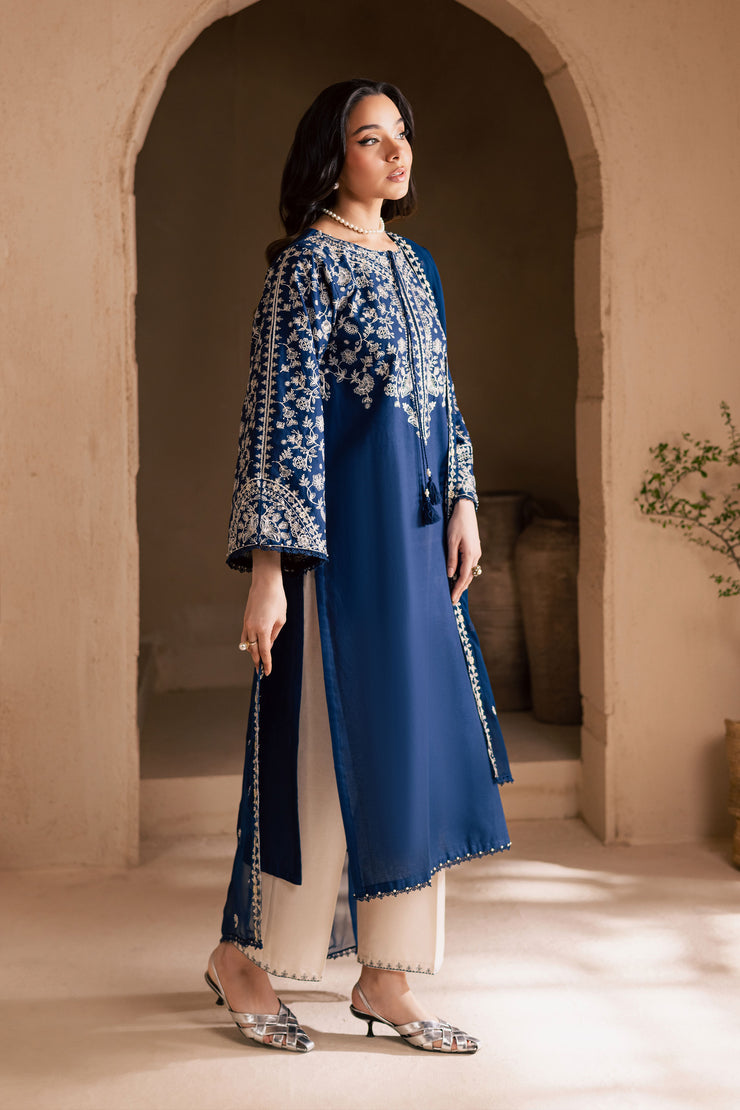 Blue Pashmina 3Pc - Embroidered Khaddar Dress