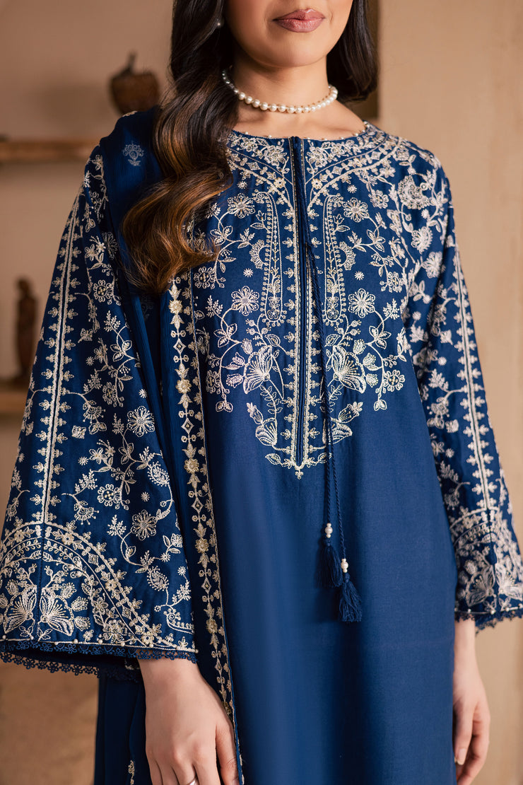 Blue Pashmina 3Pc - Embroidered Khaddar Dress