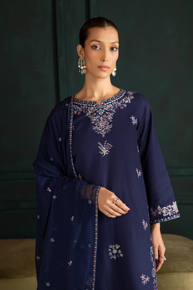 Front view of Dusky khaddar outfit with intricate tilla and colorful embroidery adding depth and charm. Ready to wear Pakistani South Asian.