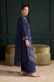 Side view of Dusky embroidered khaddar outfit featuring sleek matching trousers. Ready to wear Pakistani South Asian fashion.