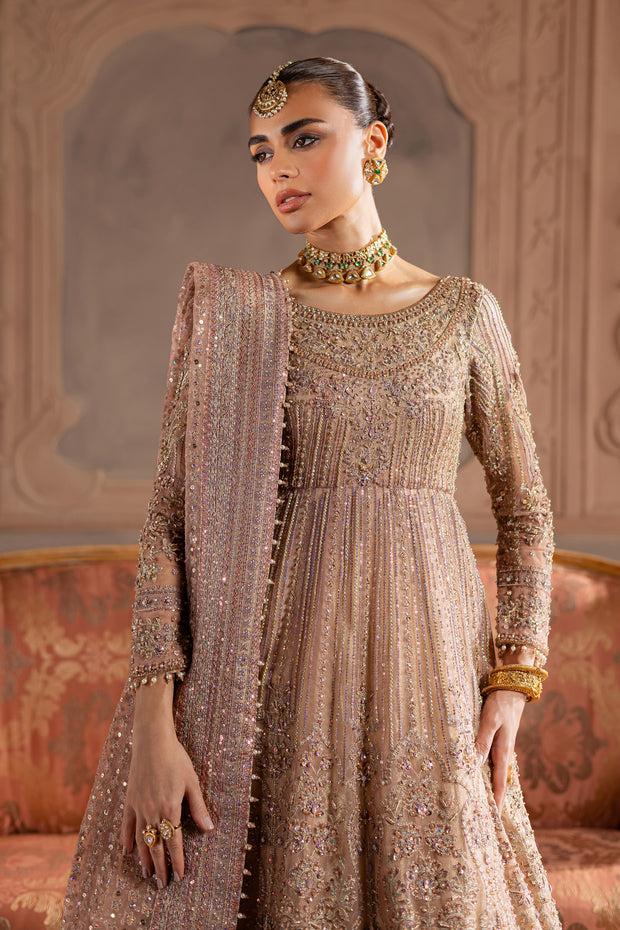 Model elegantly in a powder pink bridal dress with intricate gold work, highlighting regal Pakistani bridal fashion. Bridal luxury Pakistani South Asian Indian
