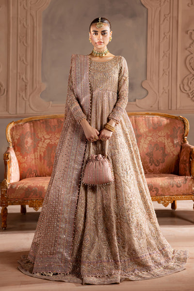Powder pink bridal gown featuring intricate embroidery and a flowing silhouette, styled with gold jewelry and a matching pouch bag. Bridal luxury Pakistani South Asian Indian.
