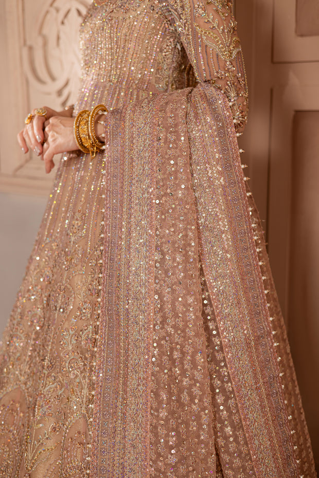 Side angle of the bridal dress capturing its flow, texture, and soft shimmer under warm lighting. Bridal luxury Pakistani South Asian Indian dupatta