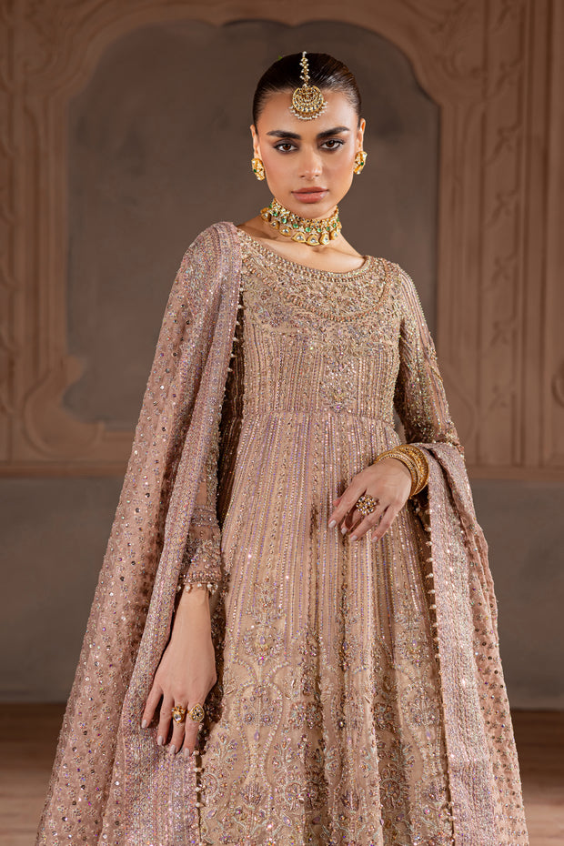Full-length view of an embroidered bridal dress with detailed embellishments, showcasing timeless elegance and traditional craftsmanship. Bridal luxury Pakistani South Asian Indian