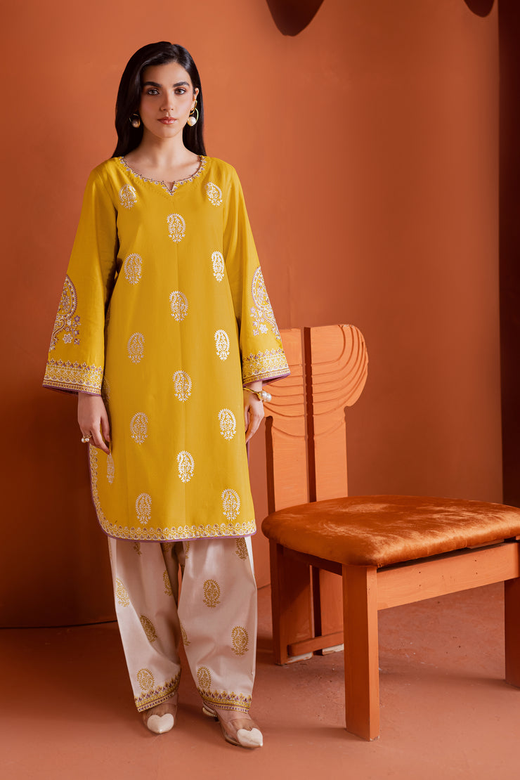 Lime two piece khaddar set featuring a mid length embroidered shirt with white detailing and beige shalwar. Ready to wear Pakistani South Asian.
