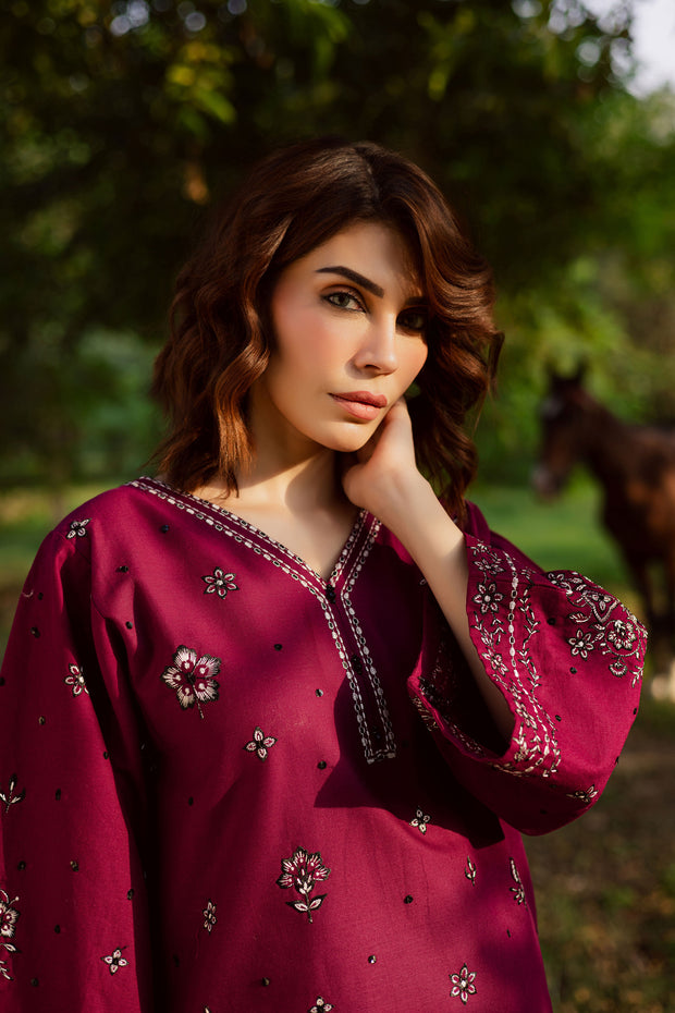 Maroon Berry 2Pc - Embroidered Khaddar Dress