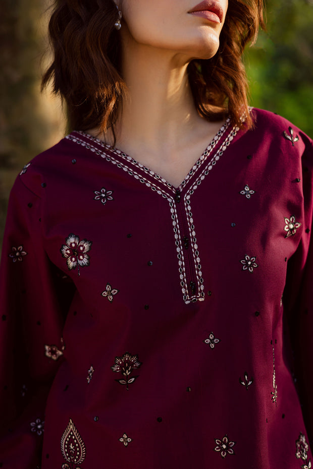 Maroon Berry 2Pc - Embroidered Khaddar Dress