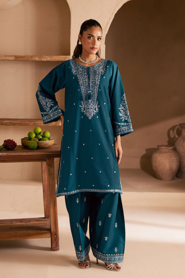 Teal Mahay 2Pc - Embroidered Khaddar Dress