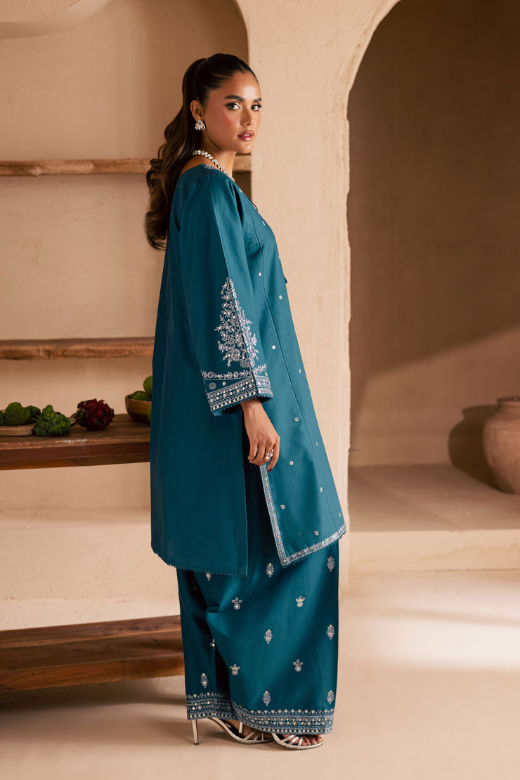Teal Mahay 2Pc - Embroidered Khaddar Dress