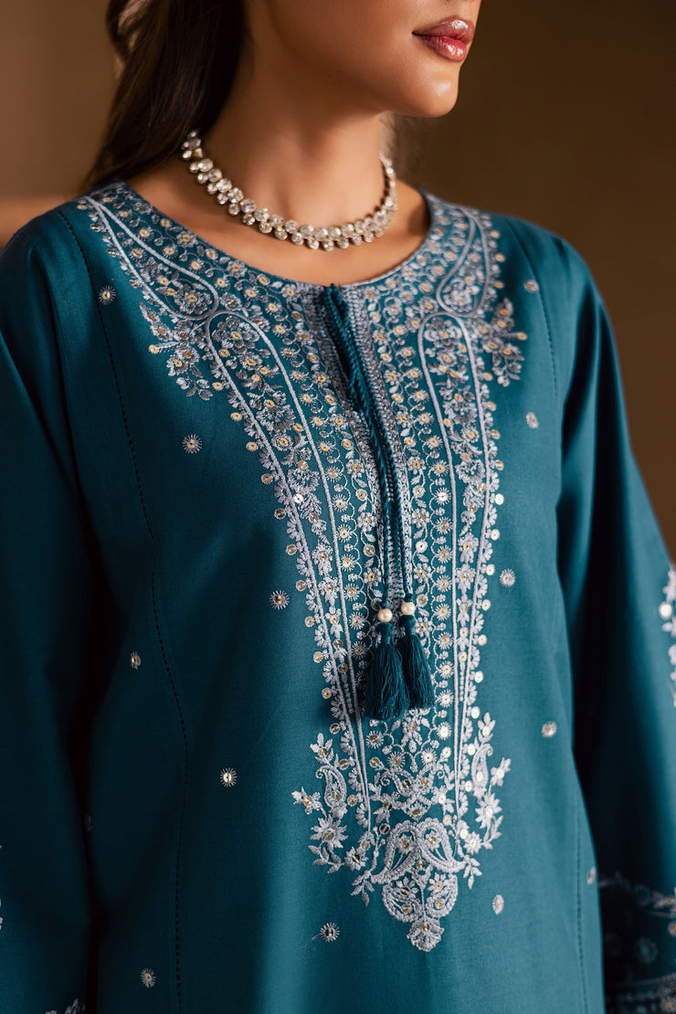 Teal Mahay 2Pc - Embroidered Khaddar Dress
