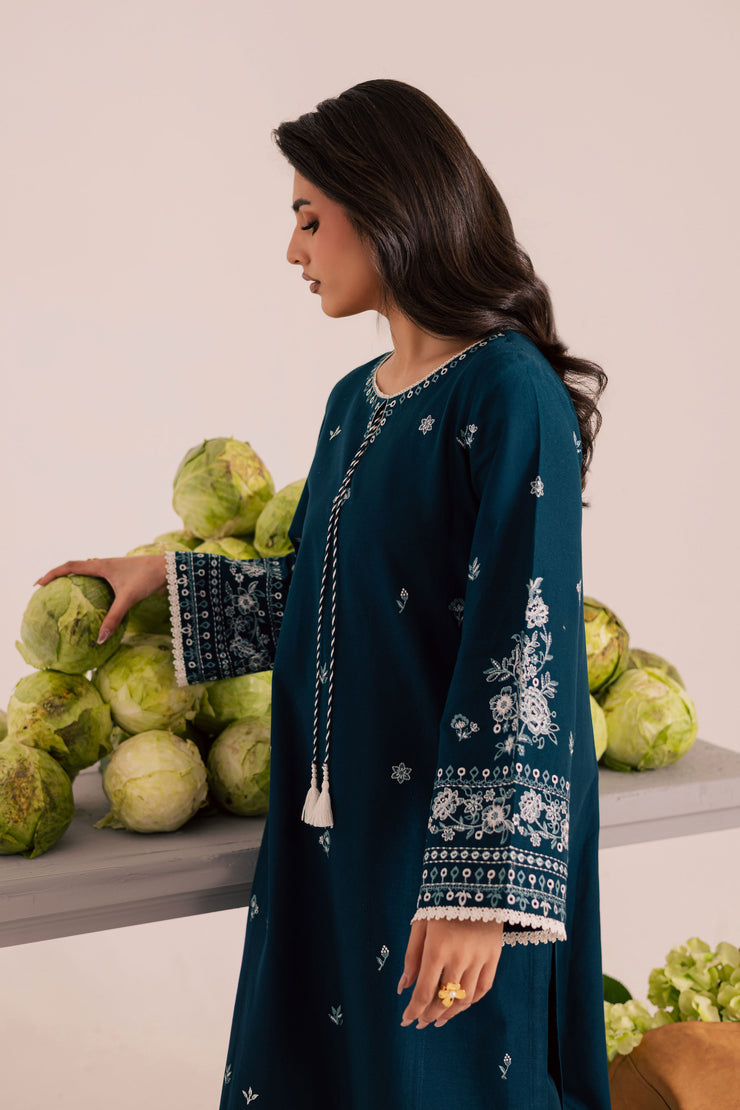 Blue khaddar ensemble combining delicate borings, lace detailing, and subtle texture. Ready to wear Pakistani South Asian.
