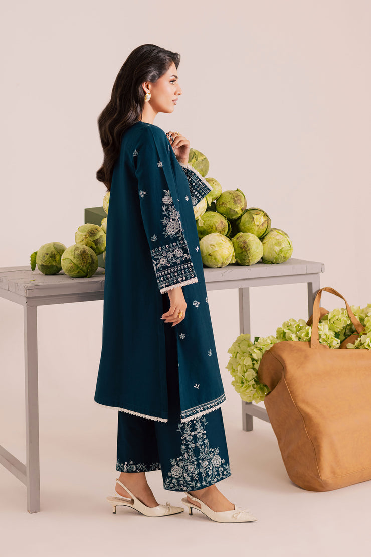 Twilight Sea embroidered khaddar shirt paired with matching culottes designed with hem embroidery. Ready to wear Pakistani South Asian.