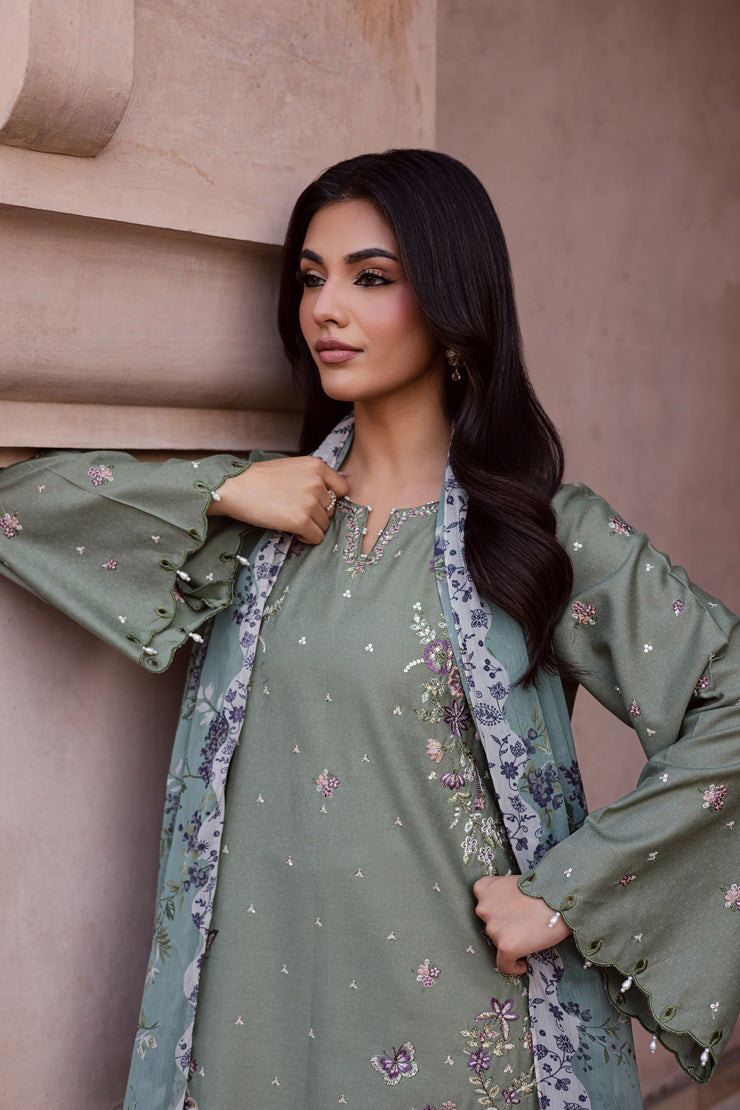 Sage Flower 3Pc - Embroidered Karandi Dress