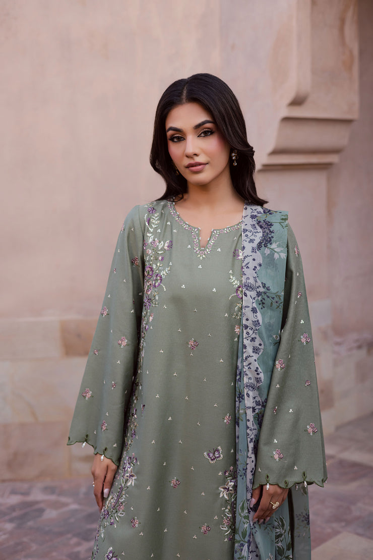 Sage Flower 3Pc - Embroidered Karandi Dress