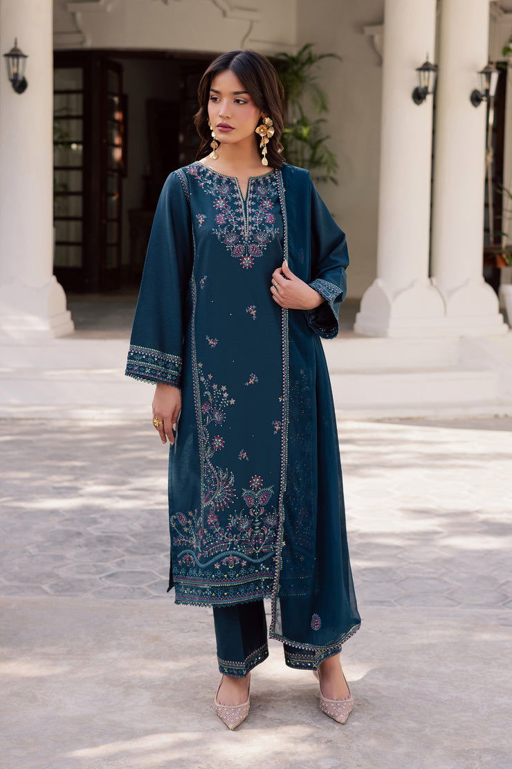 Dark Aqua 3Pc - Embroidered Karandi Dress Dark Aqua 3Pc - Embroidered Karandi Dress